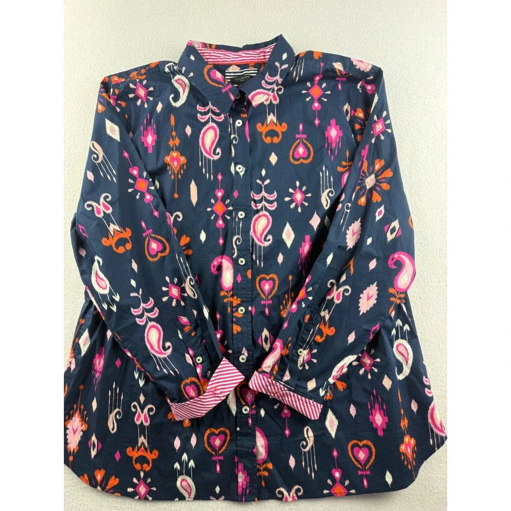 Talbots Petite XLP Navy Blue Ikat Paisley Cotton Button Up Shirt Long Sleeve - Picture 1 of 8